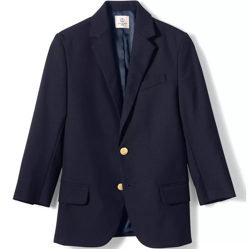 Lands' End Hopsack Blazer Kids 7 Navy Blue Wool Blend Gold Button School Uniform